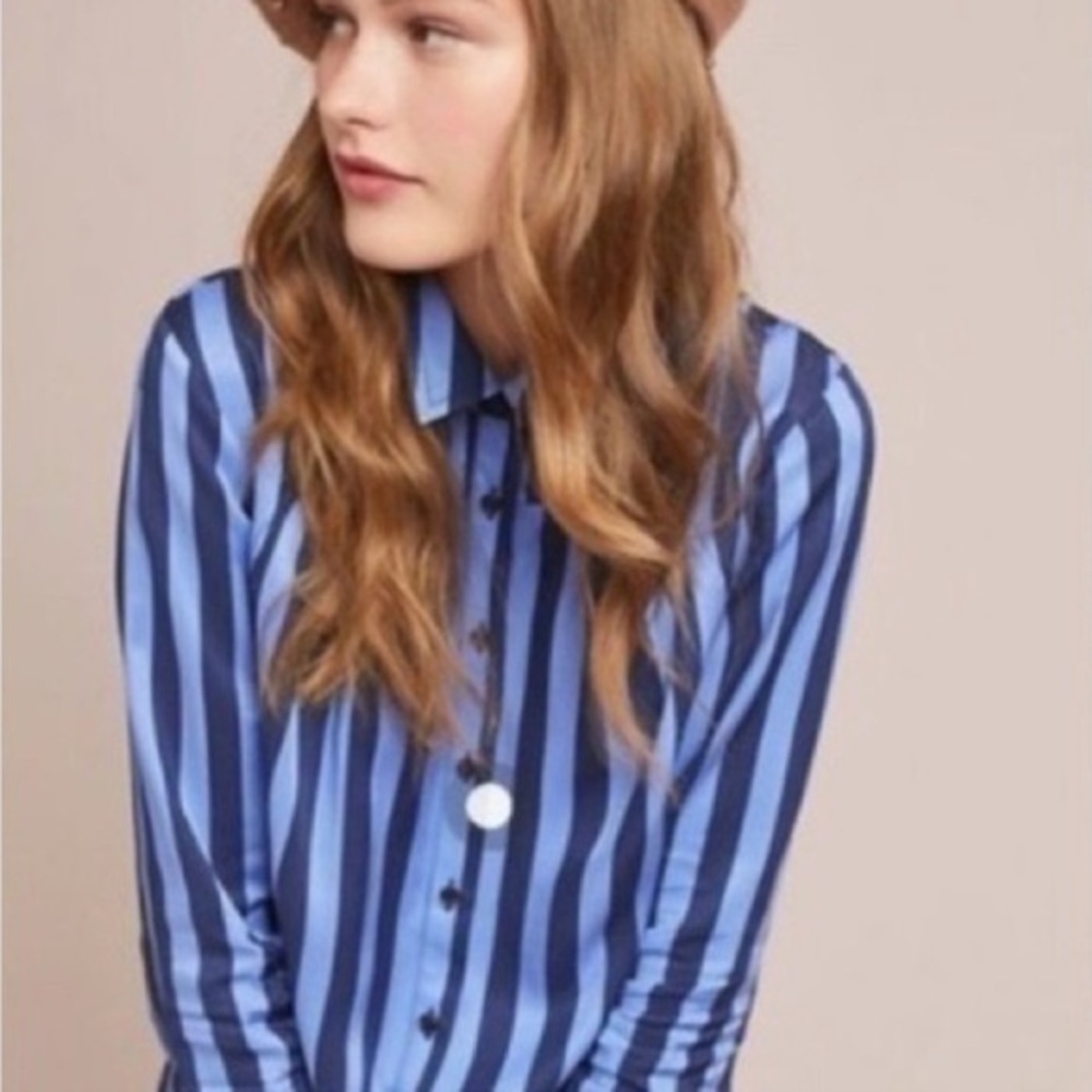 NWT Anthropologie Maeve Blue Striped Blouse Long Sleeve